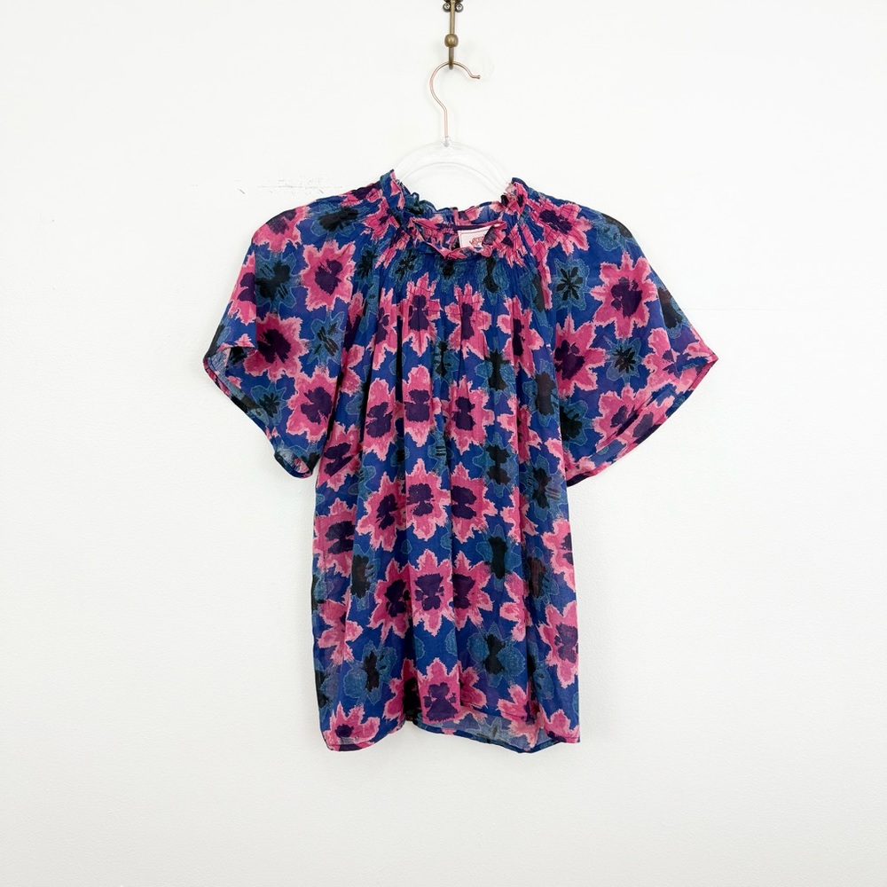 Banjanan Dahlia Smocked Floral Blouse Blue Pink Boho Cotton Top Size S - Picture 2 of 6
